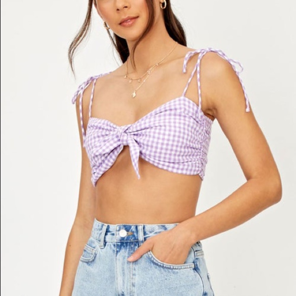 Glassons Gingham Linen Blend Tie Front Cami —Violet Check US 6/AUS 10